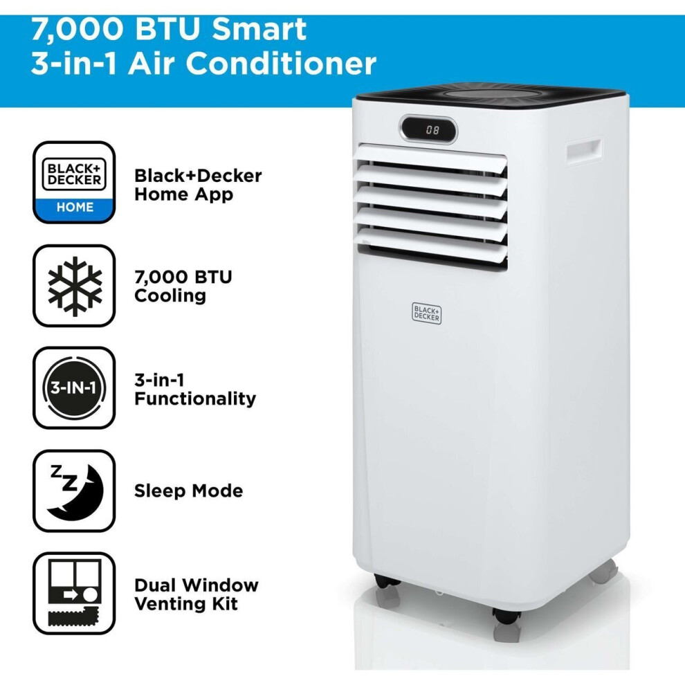 Black & Decker Smart Air Conditioner 7000BTU 3-in-1, R/C, Timer in White 